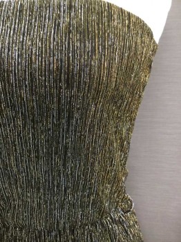 JANETTE, Black, Gold, Silver, Synthetic, Abstract , Black W/shimmer silver and Gold Broken Vertical Line W/black Lining, , Elastic Strapless and Waist,  Belt Hoops On The Side But NO BELT, Raw Hem, See Photo Attached,