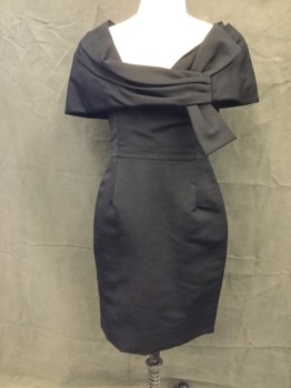 BILL BLASS, Black, Silk, Solid, Faille, Draped Capelet Like Neckline, Short Sleeves, Fitted Waist, Length Above Knee, Iron Mark on Back Capelet, *Note That This is So Small Through Hips That It is on a Child Mannequin*