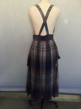 NORMA KAMALI, Navy Blue, Brown, Heather Gray, Synthetic, Plaid, Rounded High Waist, Gathered Skirt, 2 Side Droopy Pockets, Self Attached Suspenders, Zip Back, Ankle Length