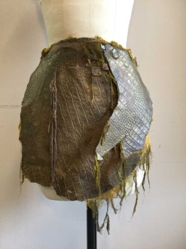 Bronze Metallic, Mustard Yellow, Faux Leather, Cotton, Reptile/Snakeskin, Aged/Distressed,  Patched together, Gauze Backing and Ties, Some Mother Of Pearl Applique,