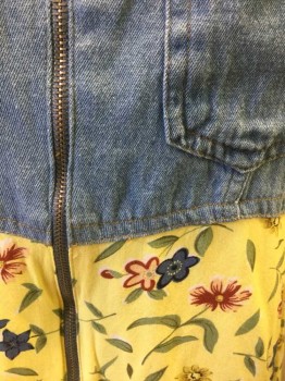 GIRL TRIBE, Denim Blue, Lt Yellow, Multi-color, Cotton, Rayon, Floral, Top Half/Torso is Medium-Light Denim, Spaghetti Strap, Bottom Half/Skirt is Light Yellow with Sage/Burgundy/Navy/Yellow Floral Pattern, Empire/High Waist, Zip Front, 3 Pockets at Chest, 1990's