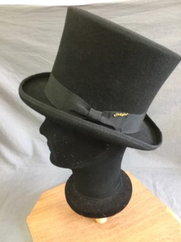 MAJOR, Black, Wool, Well Sized Top Hat with Hot Pink Satin Lining, Grosgrain Hat band.