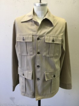 HARRIS CASUALS, Lt Khaki Brn, Cotton, Solid, Brass Button Front, Collar Attached, Long Sleeves, 4 Flap Pockets, Front/Back Yoke, Safari Style