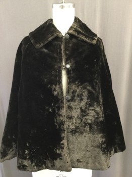 MTO, Black, Silk, Solid, Black Velvet Capelette, Loop and Buttons Front, Ca, Quilted Lining, Black Lace on Lining, Repaired But Still Very Worn