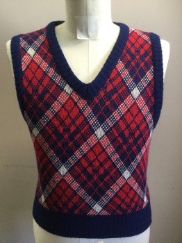 ORLON BY CAMPUS, Red, Navy Blue, Off White, Acrylic, Argyle, Pullover, V-neck,