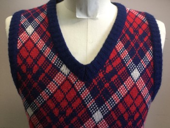 ORLON BY CAMPUS, Red, Navy Blue, Off White, Acrylic, Argyle, Pullover, V-neck,