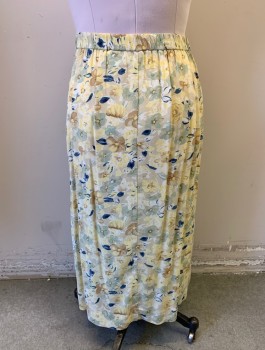 TALBOTS PETITES, Beige, Off White, Lt Yellow, Navy Blue, Lt Brown, Rayon, Floral, Crepe, 1" Wide Waistband, Elastic Waist in Back, Pleated, Mid Calf Length, Side Zipper & 1 Button Closure,