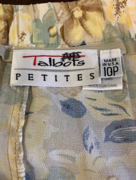 TALBOTS PETITES, Beige, Off White, Lt Yellow, Navy Blue, Lt Brown, Rayon, Floral, Crepe, 1" Wide Waistband, Elastic Waist in Back, Pleated, Mid Calf Length, Side Zipper & 1 Button Closure,