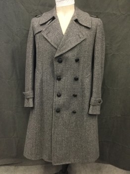BARRISTER, Black, White, Wool, Grid , Tweed, Double Breasted, Wide Collar Attached, Notched Lapel, Epaulets, Right Flap Shoulder Panel, 2 Pockets, Long Sleeves, Belt Tab at Cuff, Belt Loops, No Belt, Pleated and Buttonned Slit Center Back