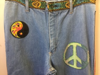 NL, Blue, Orange, Purple, Green, Yellow, Cotton, Solid, Novelty Pattern, Hippie Jeans, High Waisted, Bell Bottoms, Patch Applique/ Peace Sign, Multi Ribbon Trim