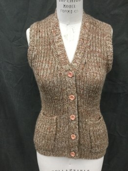 FIRST, Rust Orange, Camel Brown, White, Mohair, Mottled, Ribbed Knit, V-neck, Button Front, 2 Pockets