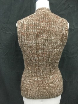 FIRST, Rust Orange, Camel Brown, White, Mohair, Mottled, Ribbed Knit, V-neck, Button Front, 2 Pockets