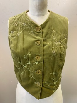 PARALLEL, Olive Green, Synthetic, Solid, Floral, Velvet with Embroidery, 5 Buttons, Crew Neck