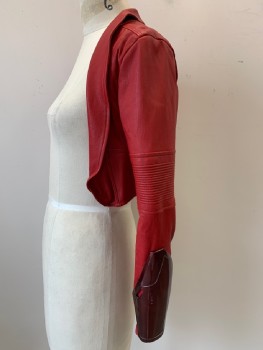 NO LABEL, Red, Dk Red, Black, Polyester, Synthetic, Abstract , Bolero Jacket, L/S, Shawl Collar, Patchwork, Linear Quilted Detail On Arm, Plastic Guard On Forearm With Inner Zipper, Made To Order