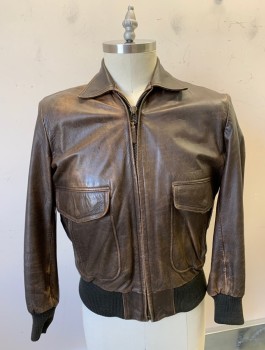 N/L, Brown, Leather, Solid, Zip Front, Collar Attached, Rib Knit Waistband & Cuffs, 4 Pockets, Brown Lining, Lightly Aged Throughout