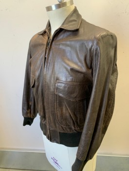 N/L, Brown, Leather, Solid, Zip Front, Collar Attached, Rib Knit Waistband & Cuffs, 4 Pockets, Brown Lining, Lightly Aged Throughout