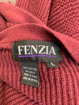 FENZIA, Maroon Red, Cotton, Squares, Texture Knit, Button Front, V-Neck