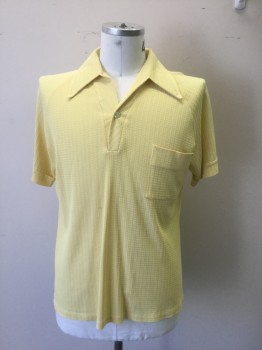 DON LOPER, Lemon Yellow, Polyester, Novelty Pattern, Polo Shirt. Novelty Textured Knit.Open Collar, 1 Button Placet, 1 Pocket, Short Sleeves,