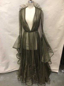 MTO, Black, Gold, Lurex, Made To Order, Black and Gold Netting, 1 Hook and Eye Waist Closure, Long Sleeves with Waterfall Gore Cuffs, Pleated Stand Collar, Full Gathered Skirt, Midsummer Night's Dream Titania Robe, Fantasy, Dreamy Musical 1940s Dressing Gown,