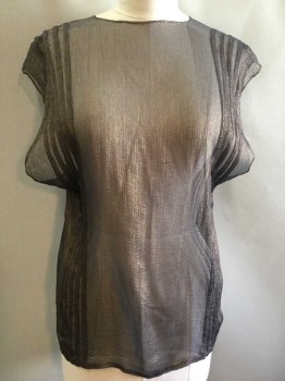 NO LABEL, Copper Metallic, Navy Blue, Synthetic, Sheer, Sleeveless Tunic, Hook and Eye Back Of Neck Closure, Pleats On Body