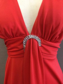 N/L, Red, Polyester, Solid, Halter, High Waist Gathered W/self Fabric Hanging Through The 1/2 Circle Rhinestone Pin @ Cleavage, Bias-cut, Flair Bottom, Zip Back,