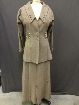 MTO, Taupe, Wool, Tweed, Made To Order, Pleat Down Princess Seams with Trio Of Velvet Buttons Detail,