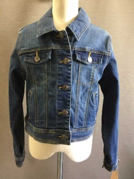 Cat & Jack, Denim Blue, Cotton, Polyester, Solid, Button Front, Collar Attached,  2 Flap Pockets