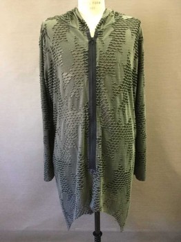 MTO, Olive Green, Polyester, Zip Front, Hooded, Long Sleeves, Asymmetrical Cut Off Hem, Sheer Wavy Pattern