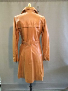 SUPERIOR, Tan Brown, Faux Leather, 3/4 Length Coat, Hidden Zip & Snap Front Closure, Rib Knit Collar with Leather Trim, 6 Pockets, 3 Oversized Belt Loops with Self Belt