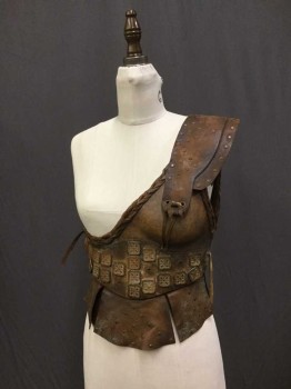 M.T.O, Brown, Leather, Metallic/Metal, Fantasy Roman/Greek Warrior Breast Plate. Molded Leather. Single Left Shoulder Strap with Rusted Metal Studs, Tied with Wang At Left Bust. Square Metal Findings At Waist Front and Back. Soft Leather Skirt To Breastplate, Side Lacing