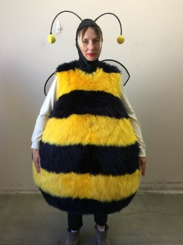 J&M COSTUMES, Black, Yellow, Gold, Synthetic, Stripes, BUMBLE BEE: Furry Black/Yellow Stripe Rotund Body, Open Hole for Legs, Zip Back, Separate Wired Black Mesh with Gold Detail Wings Velcro Attached, Separate Solid Black Stinger Velcro Attached, Separate Solid Black Balaclava with Metal Tentacles with Yellow Balls at End