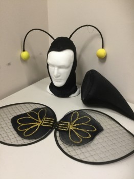 J&M COSTUMES, Black, Yellow, Gold, Synthetic, Stripes, BUMBLE BEE: Furry Black/Yellow Stripe Rotund Body, Open Hole for Legs, Zip Back, Separate Wired Black Mesh with Gold Detail Wings Velcro Attached, Separate Solid Black Stinger Velcro Attached, Separate Solid Black Balaclava with Metal Tentacles with Yellow Balls at End
