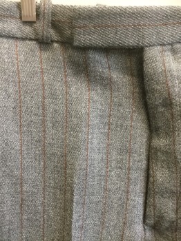 MARK COSTELLO, Gray, Brown, Wool, Stripes - Pin, Gabardine, Flat Front, Button Tab Closure, Button Fly, 3 Pockets, Cuffed Hem, Belt Loops, Suspender Buttons