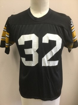 SUPER SPORTS, Black, White, Yellow, Polyester, Text, Vintage Pittsburgh Steelers Fan Shirt, Black Knit with Yellow and White Stripes at Cuffs, Large White "32" at Chest & Back, Short Sleeves, Crew Neck,