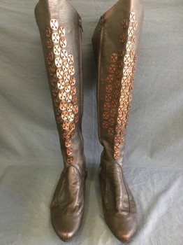 MTO, Brown, Copper Metallic, Leather, Made To Order, Knee High, Copper Plates Sewn On with X, Zipper, Multiples,