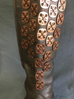 MTO, Brown, Copper Metallic, Leather, Made To Order, Knee High, Copper Plates Sewn On with X, Zipper, Multiples,
