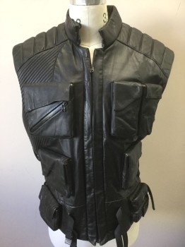 N/L MTO, Black, Leather, Solid, Vest Zip Front, Many Tactical Pockets/Compartments, Stand Collar, Quilted/Piping Self Stripes at Shoulders/Side, Made To Order, **Has Multiples