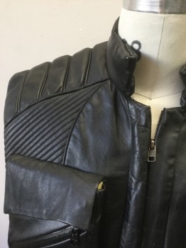 N/L MTO, Black, Leather, Solid, Vest Zip Front, Many Tactical Pockets/Compartments, Stand Collar, Quilted/Piping Self Stripes at Shoulders/Side, Made To Order, **Has Multiples
