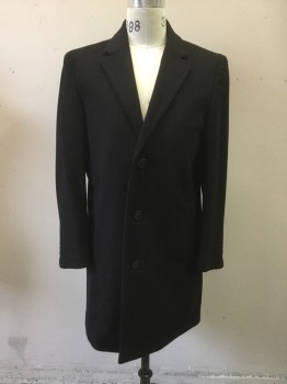 KENNETH COLE, Black, Wool, Solid, Single Breasted, Collar Attached, Notched Lapel, 3 Buttons,  Knee Length