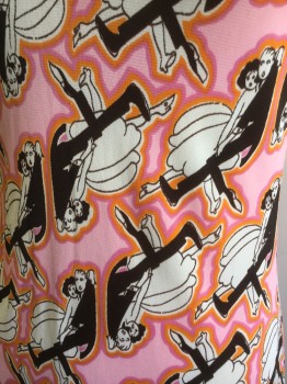 HOUSE OF NINE, Pink, Orange, Black, White, Polyester, Novelty Pattern, Black and White Dancing Couple Print Outlined in Orange on Pink Background, Scoop Neck, Sleeveless, Ankle Length, Zip Back,