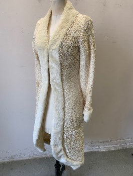 SUE WONG, Ivory White, Iridescent White, Rayon, Faux Fur, Swirl , Looped and Swirled Passementerie on Sheer Net Underlayer, with Iridescent Beading Throughout, Faux Fur Shawl Collar and Cuffs, 3 Silver Clasps in Front,  Duster Length,