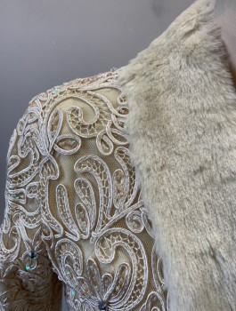 SUE WONG, Ivory White, Iridescent White, Rayon, Faux Fur, Swirl , Looped and Swirled Passementerie on Sheer Net Underlayer, with Iridescent Beading Throughout, Faux Fur Shawl Collar and Cuffs, 3 Silver Clasps in Front,  Duster Length,