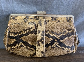 SALISBURY'S, Lt Brown, Dk Brown, Snakeskin/Reptile, Clutch, Silver Metal Clasp, Taupe Linen Lining, Clasp is Slightly Rusted,