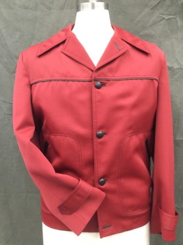 ROBERTS, Dk Red, Polyester, Leather, Solid, with Black Leather Piping at Yoke Line and Pocket Trim, 5 Black Leather Button Closure Center Front, Medallion Print Lining of Mauve, Red & Plum, Late 1970's
