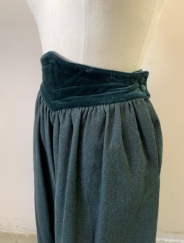 ESCADA, Dk Green, Wool, Solid, Felt with Large Velvet Yoke with Diamond Shaped/Pointed Center, 2 Button Closures at Side Waist, Pleated, Mid Calf Length
