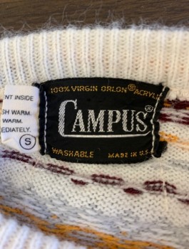 CAMPUS, White, Goldenrod Yellow, Red Burgundy, Gray, Orlon Acrylic, Stripes - Horizontal , Geometric, Zig Zags/Dashes Pattern, Knit, Pullover, Long Sleeves, Crew Neck,