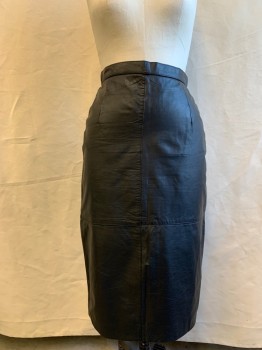 GIII, Black, Leather, Solid, Long Leather Skirt, 1" Waistband, Slit Back with Button Loops, Zip Back