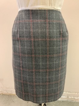TALBOTS, Gray, Lt Gray, Red-Orange, Wool, Polyester, Plaid, Pencil Skirt, Triple Inverted Pleat at Back, Zip Back,