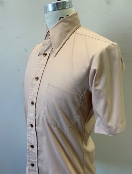 CAREER CLUB, Beige, Poly/Cotton, Solid, Short Sleeves, Button Front, Collar Attached, 1 Patch Pocket,