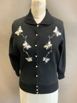 LONDON COBINATIONS, Black, Wool, Catdigan, C.A., Button Front, L/S, Beaded & Sequins Butterflies